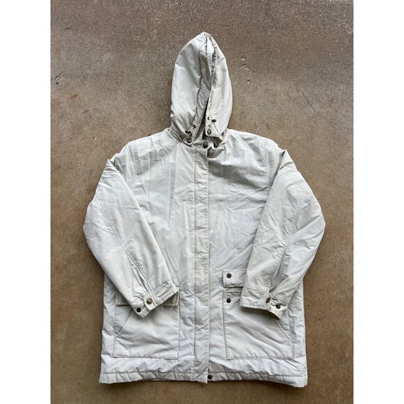 Eddie Bauer Beige Hooded Parka Jacket W/ Plaid Fleece Lining & Front Pockets Men - Picture 1 of 6